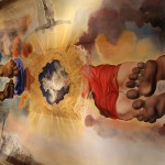 A ceiling painting of Dali and his wife Gala's feet as they are entering heaven.